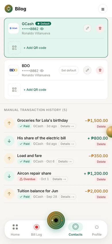 A contact's page in Bilog, scrolled to two saved payment accounts with masked numbers, GCash marked as the default, followed by five recorded payments labelled Paid or Overdue.