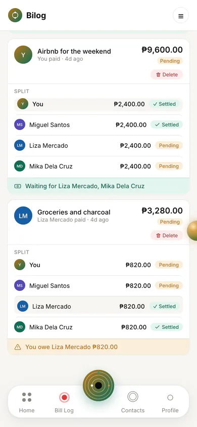 A Bilog group's expense list: an Airbnb expense of 9,600 pesos split four ways with two shares Settled and two Pending, and a groceries expense paid by a member with a note that you owe 820 pesos.