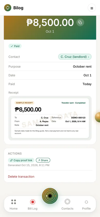 A payment record for 8,500 pesos marked Paid, with the contact, purpose and date, an attached sample receipt, and buttons to copy or share a proof link.