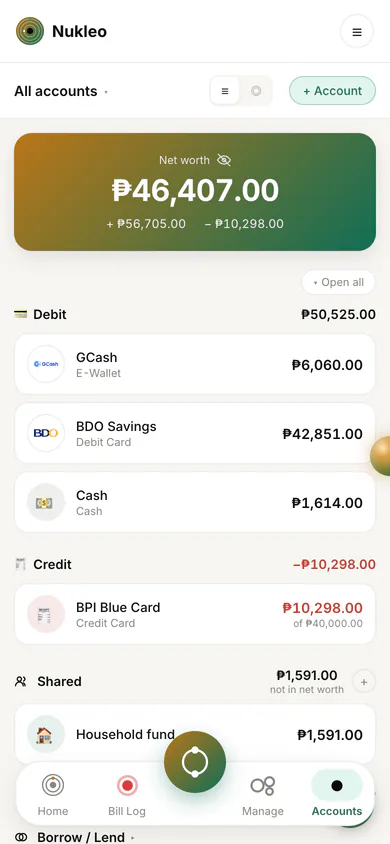 Nukleo's accounts list with a net worth of 46,407 pesos, debit accounts, a credit card balance, and a separate Shared section with a household fund marked as not counted in net worth.
