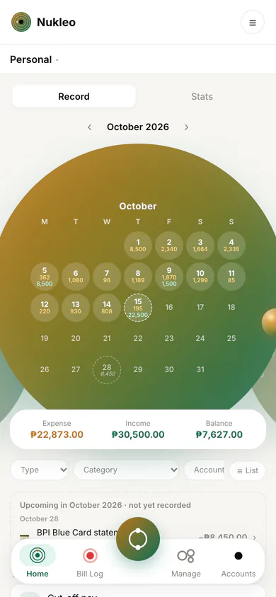 Nukleo's Personal view for October 2026: a circular calendar showing money in and out on each day, with monthly totals of 22,873 pesos spent, 30,500 pesos earned and a balance of 7,627 pesos.