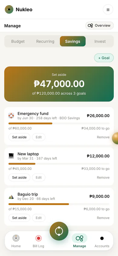 Nukleo's Savings view with three goals, an emergency fund, a new laptop and a trip, each with a progress bar, the amount saved, the amount to go and the days left.