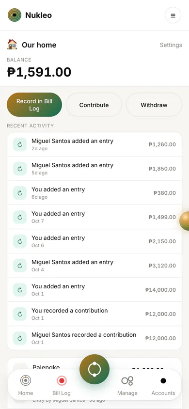 A Shared Ledger named Our home with a balance of 1,591 pesos, buttons to record, contribute or withdraw, and a recent activity list of entries and contributions by two members.